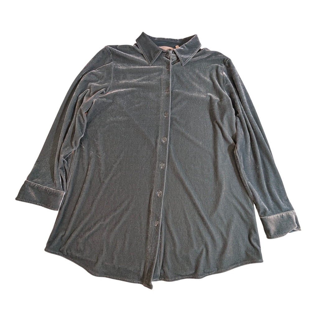 Soft Surroundings Velvet Button Down Shirt –‎ Women's L Gray Long Sleeve